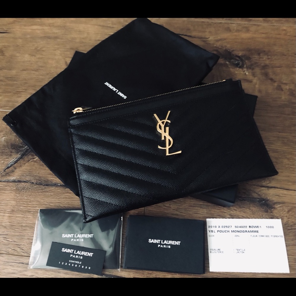Yves Saint Laurent-AUTHENTIC (NWT/Box) Black Leather & Gold Hardware CLUTCH - Picture 1 of 16